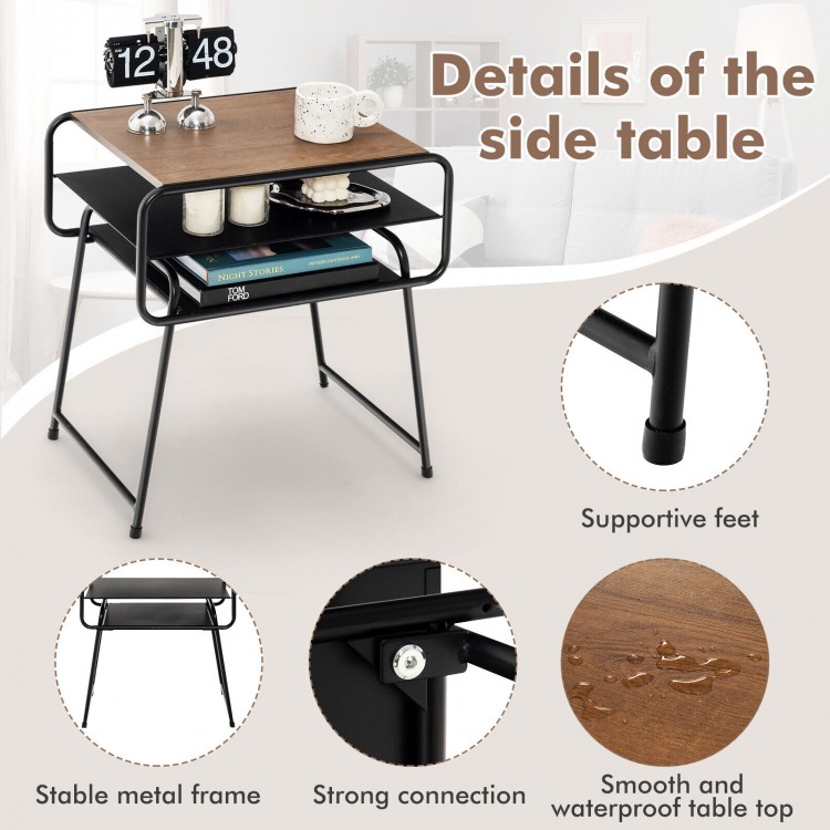 3-tier compact side table with wood grain top, metal frame, and double shelves for versatile storage and modern style.